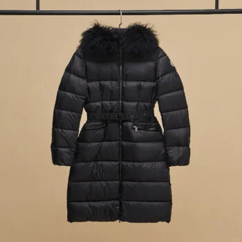 Women’s FW24 Hooded Long Down Coat with Waist Belt – Black Winter Puffer Jacket