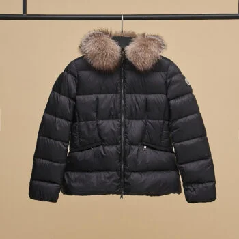 Women’s Short Hooded Down Jacket with Fur Collar – Black Waist Belt Puffer Coat