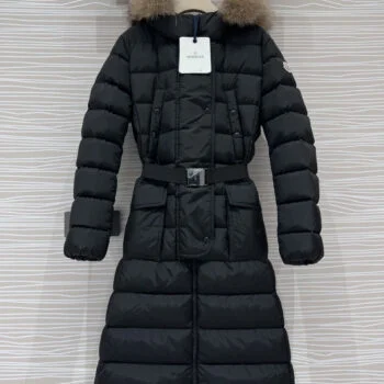 FW22 Women’s Long Down Coat – Black Waist-Cinched Hooded Puffer Jacket Winter Warmth